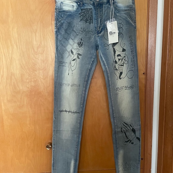 MNML Italian distressed graphic straight (Size 30) Blue Stretch-fit Jeans - Picture 13 of 13